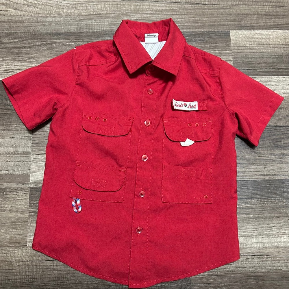 Bull Red Kids Fishing Shirt 3T Red Short Sleeve Performance Ventilated Utility